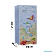 Tủ nhựa Song Long Pucca 5 tầng, 6 ngăn kéo, HÌNH CÁ (Màu: Xanh dương - Xanh lá - Hồng - Trắng)
