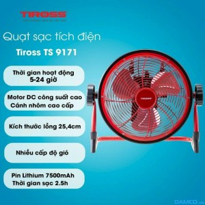 Quạt sạc tích điện Tiross TS9171 (sải cánh 25cm, 10W, pin 7500mAh, thời gian hoạt động 5-24h)