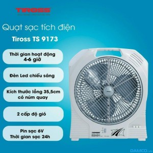 Quạt sạc tích điện Tiross TS9173 (có đèn, lồng quạt 35,5cm, có núm xoay, 30W, pin 4500mAh, thời gian hoạt động 4-6h)